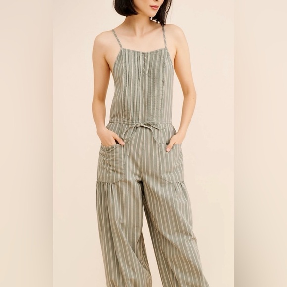 Free People Pants - Free People Faded Sage Green and cream striped Verona Jumpsuit with barrel pants